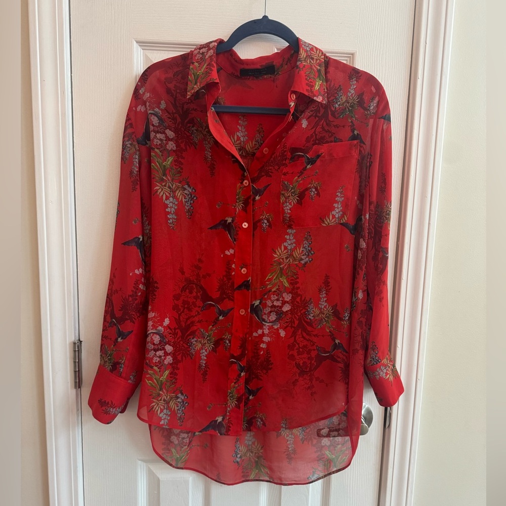 ALLSAINTS Bernie Melisma Red Printed Button Down Blouse Size 10 - Picture 2 of 7